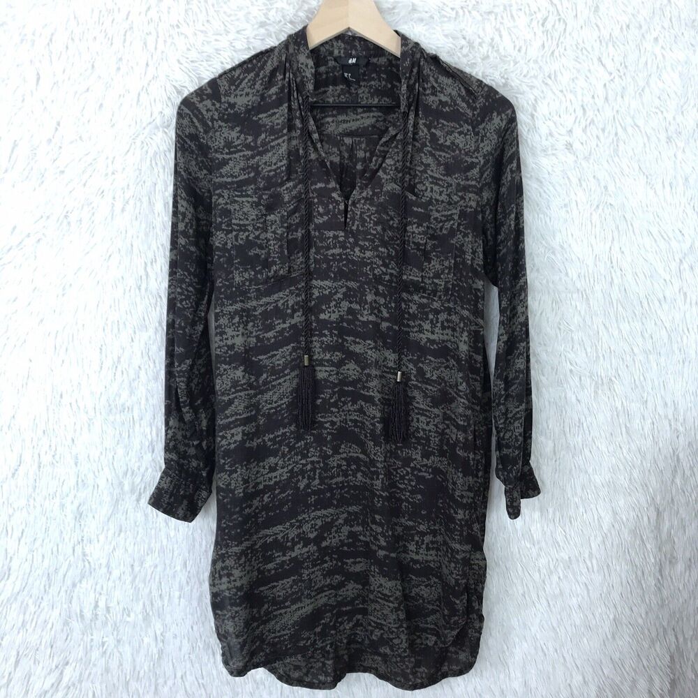 H&M Military Camo Shirt Dress Green Tassels Beaded Epaulets Utility Womens 2
